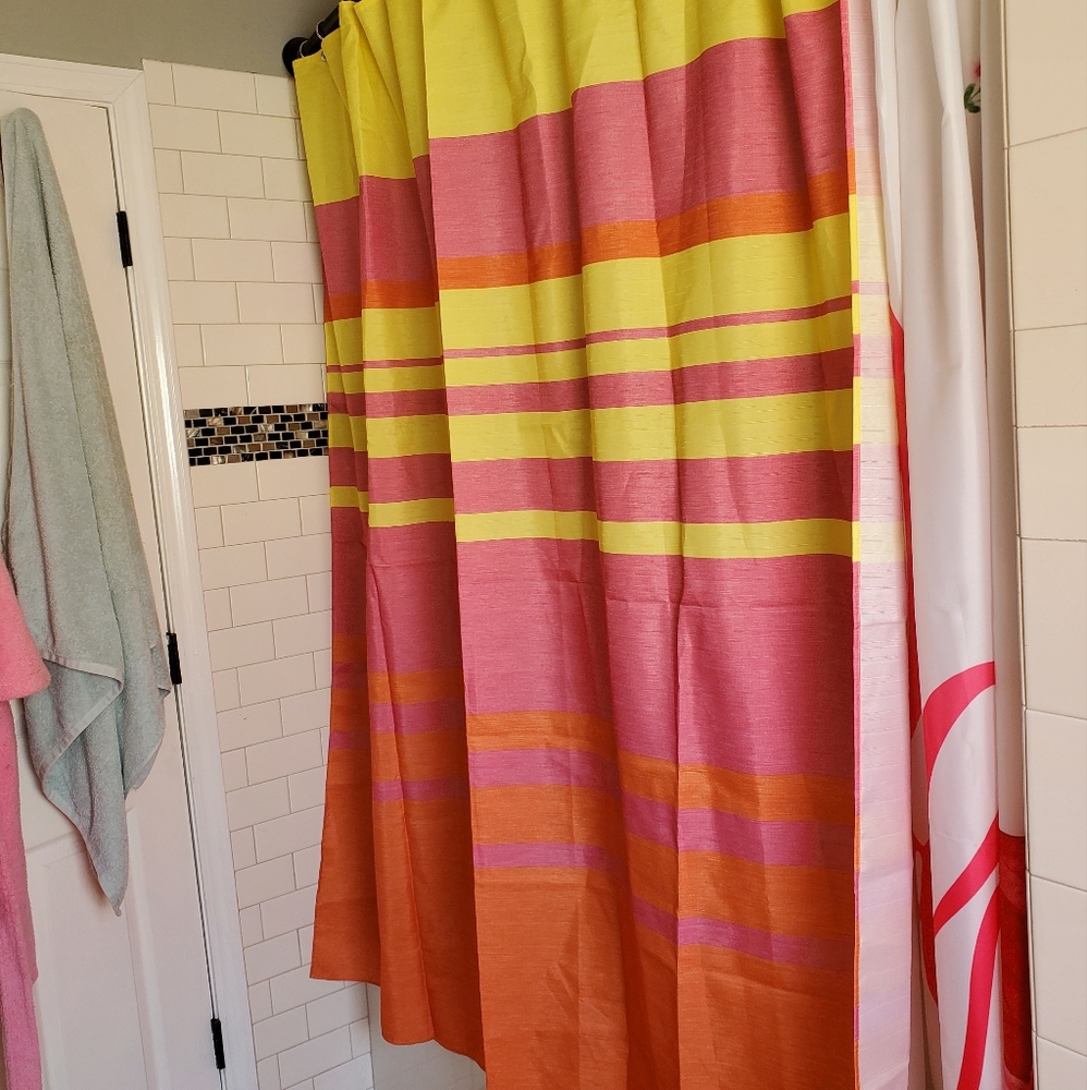 Pink/Orange/Yellow Stripe shower curtain & Silver Metal hooks 🪝